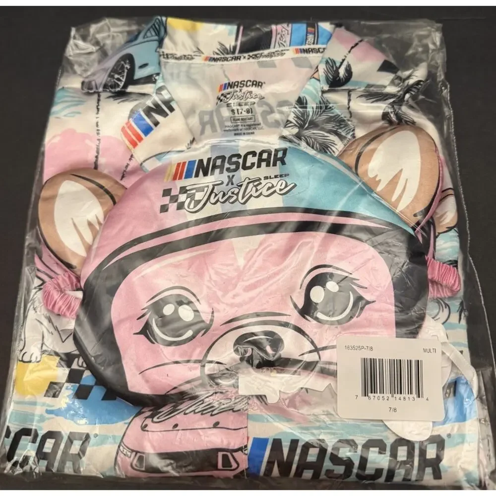NWT! NASCAR + Justice Girls S (7/8) Pajama Lounge 3pc Short Shirt Mask Sleep Set